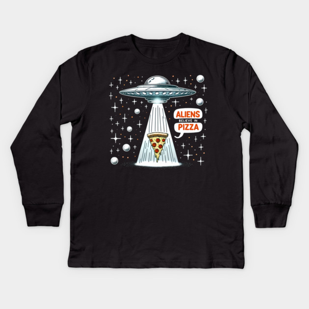 Funny Pizza blieve in Alience Kids Long Sleeve T-Shirt by logiamerch