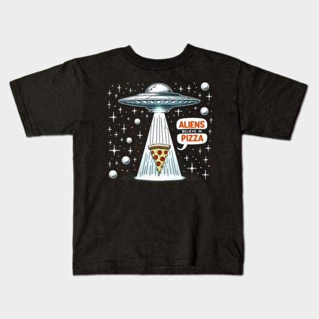 Funny Pizza blieve in Alience Kids T-Shirt by logiamerch