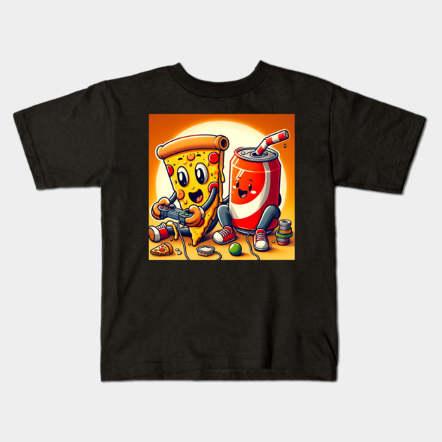Funny Pizza and Soda playing Games Kids T-Shirt by logiamerch