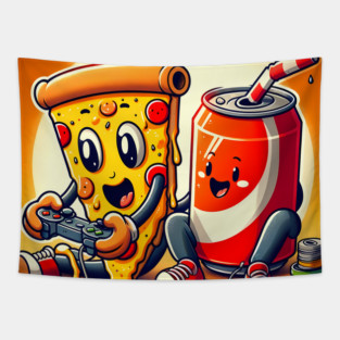 Funny Pizza and Soda playing Games Tapestry