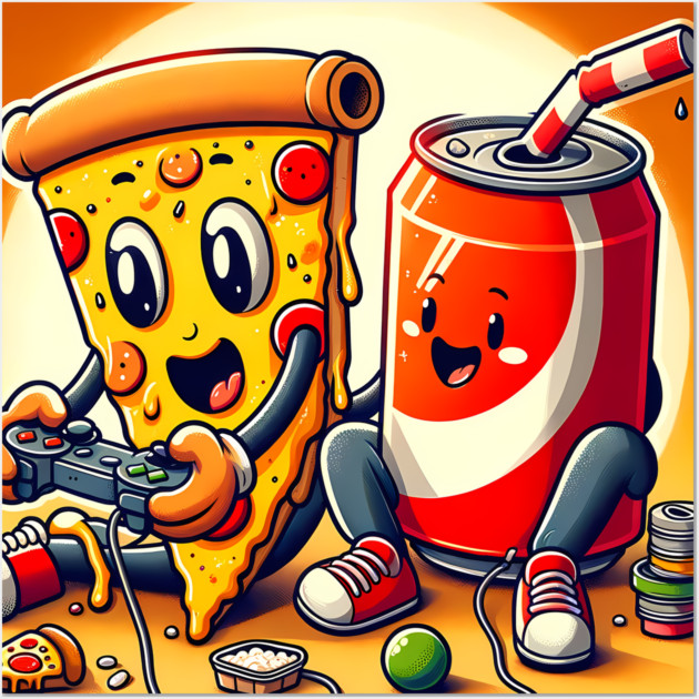 Funny Pizza and Soda playing Games Wall Art by logiamerch