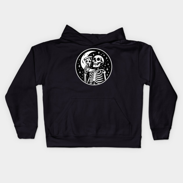 Skeleton enjoying a Slice of Pizza Kids Hoodie by logiamerch