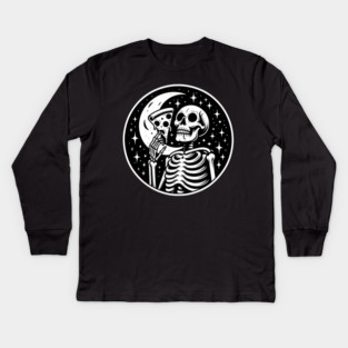 Skeleton enjoying a Slice of Pizza Kids Long Sleeve T-Shirt