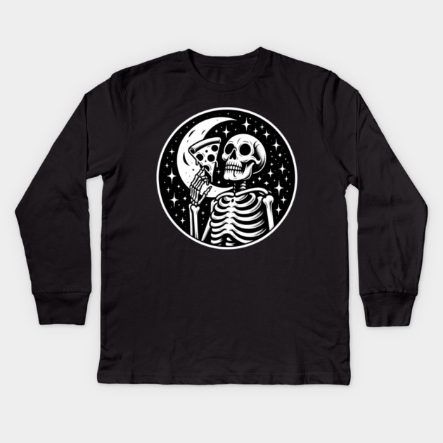 Skeleton enjoying a Slice of Pizza Kids Long Sleeve T-Shirt by logiamerch