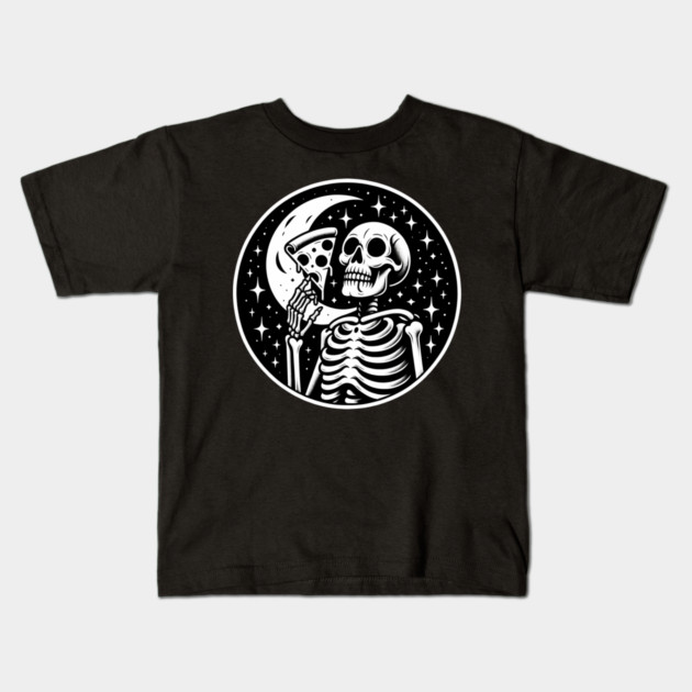 Skeleton enjoying a Slice of Pizza Kids T-Shirt by logiamerch