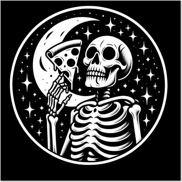 Skeleton enjoying a Slice of Pizza Wall Art by logiamerch