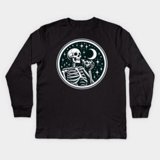 Skeleton enjoying a Slice of Pizza Kids Long Sleeve T-Shirt