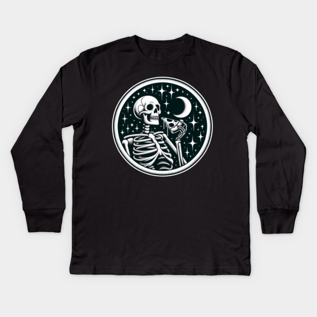 Skeleton enjoying a Slice of Pizza Kids Long Sleeve T-Shirt by logiamerch