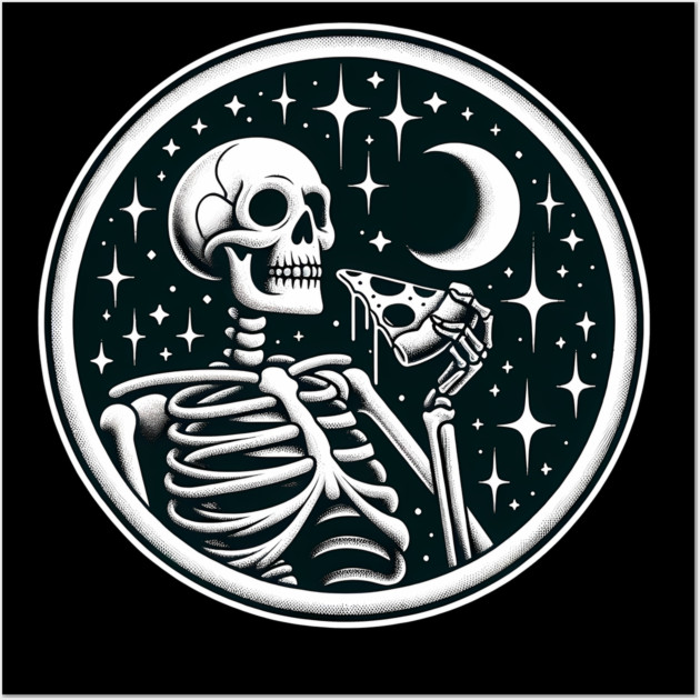 Skeleton enjoying a Slice of Pizza Wall Art by logiamerch