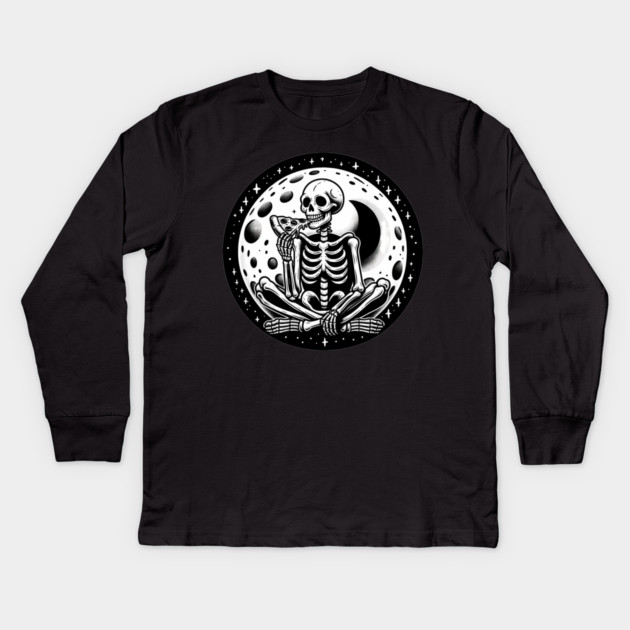 Skeleton enjoying a Slice of Pizza Kids Long Sleeve T-Shirt by logiamerch