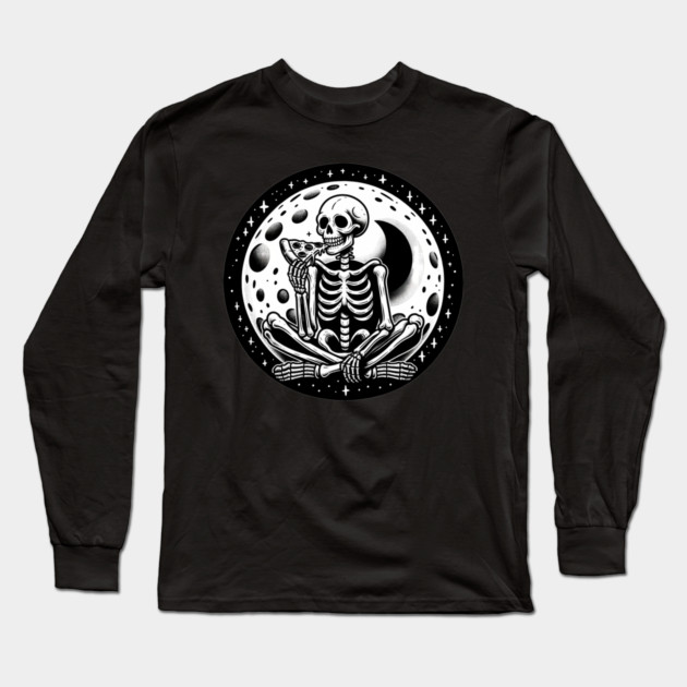 Skeleton enjoying a Slice of Pizza Long Sleeve T-Shirt by logiamerch