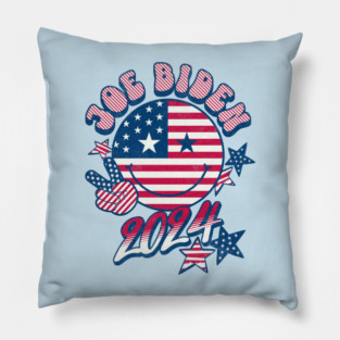 Joe Biden 2024 Cute Retro Smiley Face Groovy Peace Sign USA Flag Pillow