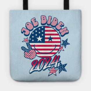 Joe Biden 2024 Cute Retro Smiley Face Groovy Peace Sign USA Flag Tote