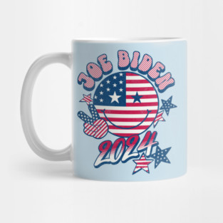 Joe Biden 2024 Cute Retro Smiley Face Groovy Peace Sign USA Flag Mug