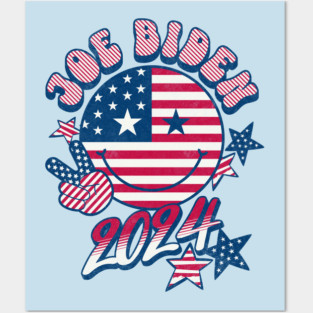 Joe Biden 2024 Cute Retro Smiley Face Groovy Peace Sign USA Flag Posters and Art