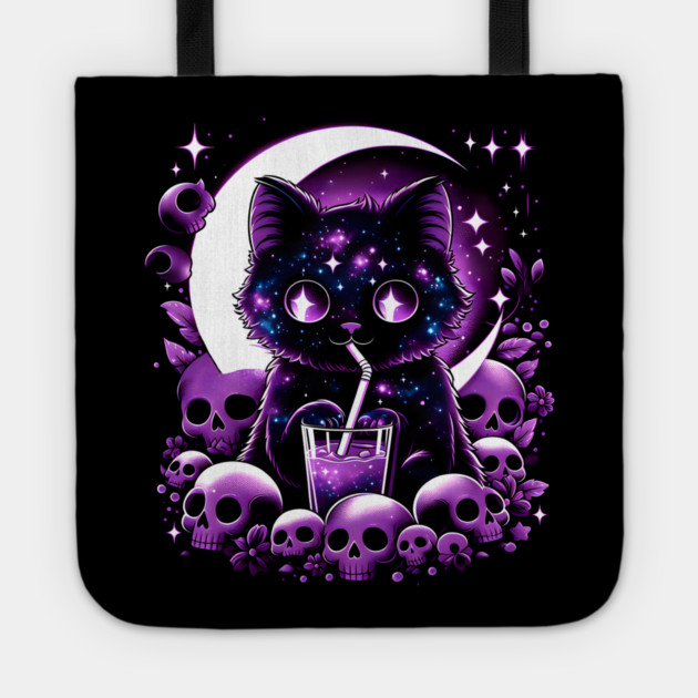 Galaxy Cat With Skulls Cosmic Artwork Gift Tote by MakerMind8.2