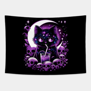 Galaxy Cat With Skulls Cosmic Artwork Gift Tapestry