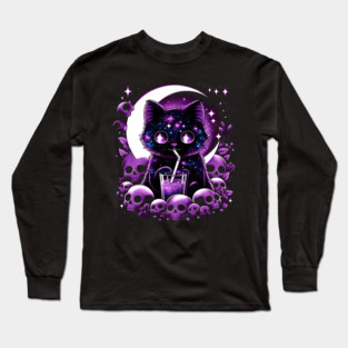 Galaxy Cat With Skulls Cosmic Artwork Gift Long Sleeve T-Shirt