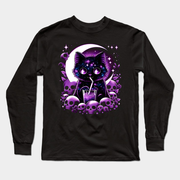 Galaxy Cat With Skulls Cosmic Artwork Gift Long Sleeve T-Shirt by MakerMind8.2
