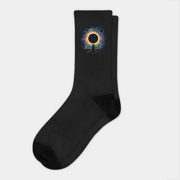 Cat Watching Solar Eclipse Cosmic Artwork Gift Socks by MakerMind8.2