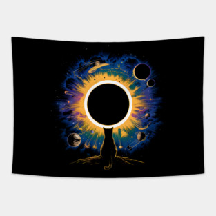 Cat Watching Solar Eclipse Cosmic Artwork Gift Tapestry