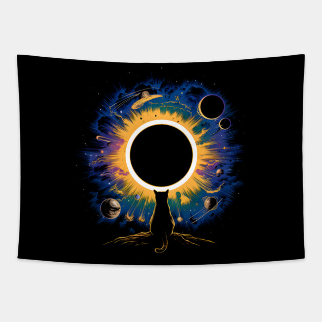 Cat Watching Solar Eclipse Cosmic Artwork Gift Tapestry by MakerMind8.2