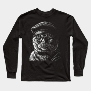 British cat in beret art in linear style Long Sleeve T-Shirt