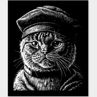 British cat in beret art in linear style Posters and Art