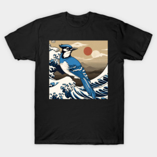 Vintage Blue Jay Bird in Sunset with The Great Wave Bird Watching Dad T-Shirt