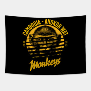 wild monkeys in Angkor Wat, Cambodia Tapestry