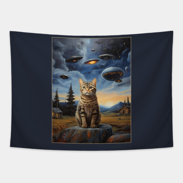 Cat with UFO Alien Tapestry by QuirkyQuest Creations