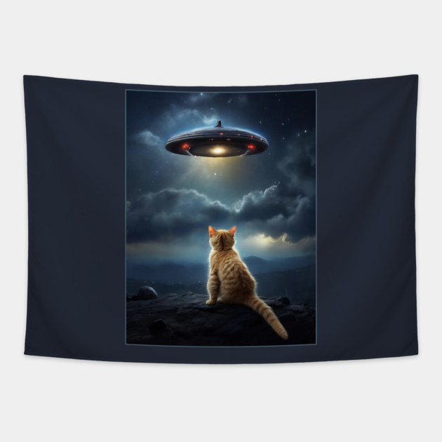 Cat with UFO Alien Tapestry by QuirkyQuest Creations