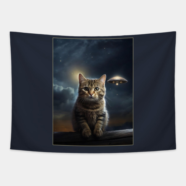 Cat with UFO Alien Tapestry by QuirkyQuest Creations