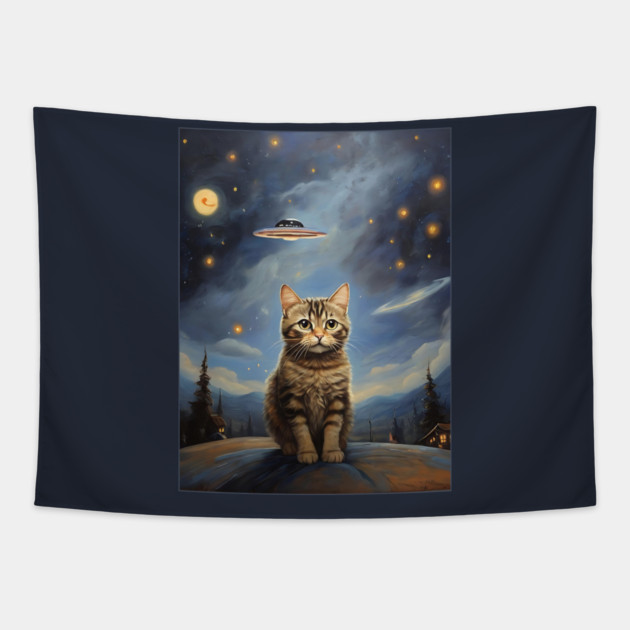 Cat with UFO Alien Tapestry by QuirkyQuest Creations