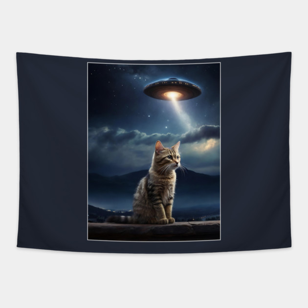 Cat with UFO Alien Tapestry by QuirkyQuest Creations