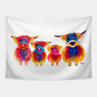 HiGHLaND CoW PRiNT SCoTTiSH ' La FaMiLia' BY SHiRLeY MacARTHuR Tapestry