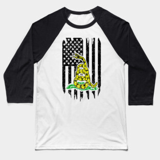 Distressed Flag & Don't Tread On Me Black Baseball T-Shirt