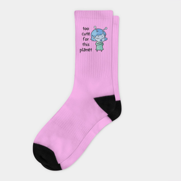 Kawaii Alien Art Too Cute for This Planet Socks by QuirkyQuest Creations
