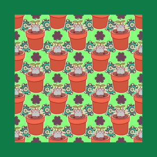 Cute Potted Cat Plant Clover Pattern T-Shirt