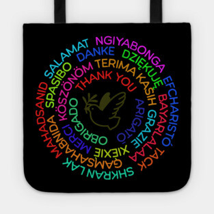 Thank You in Multiple Languages Arranged in Circles in Multi Colors Tote