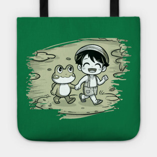 Cute Boy with Friend Frog, Tee for Kids Tote