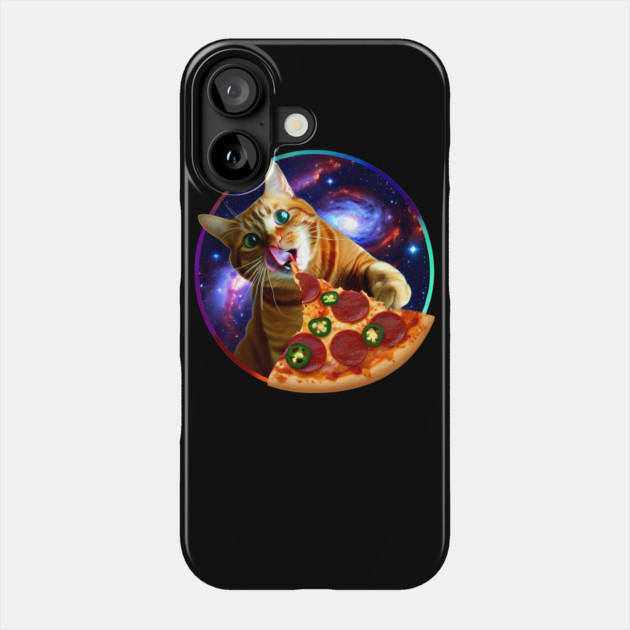 Funny Orange Cat eating Pizza in Space Phone Case by logiamerch