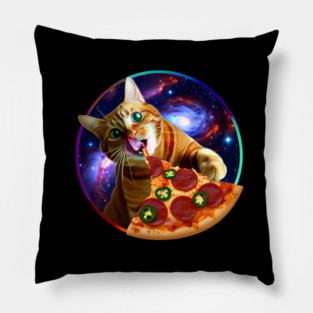 Funny Orange Cat eating Pizza in Space Pillow