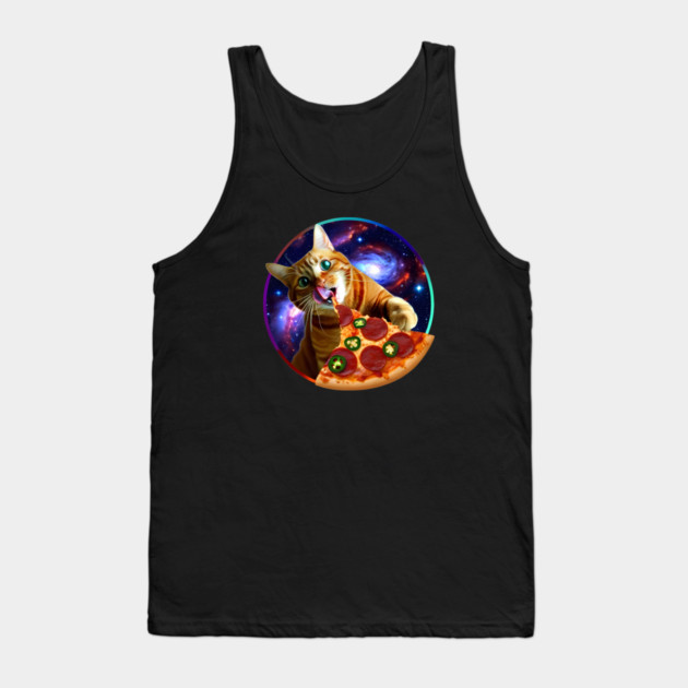 Funny Orange Cat eating Pizza in Space Tank Top by logiamerch