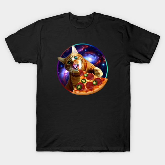 Funny Orange Cat eating Pizza in Space T-Shirt by logiamerch