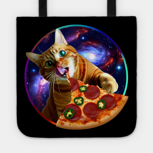 Funny Orange Cat eating Pizza in Space Tote by logiamerch