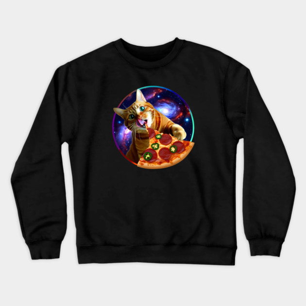 Funny Orange Cat eating Pizza in Space Crewneck Sweatshirt by logiamerch