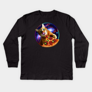Funny Orange Cat eating Pizza in Space Kids Long Sleeve T-Shirt