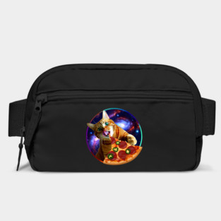 Funny Orange Cat eating Pizza in Space Bag