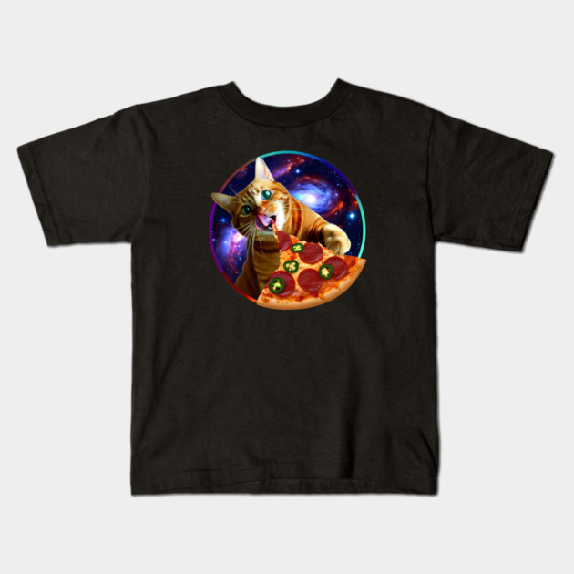 Funny Orange Cat eating Pizza in Space Kids T-Shirt by logiamerch